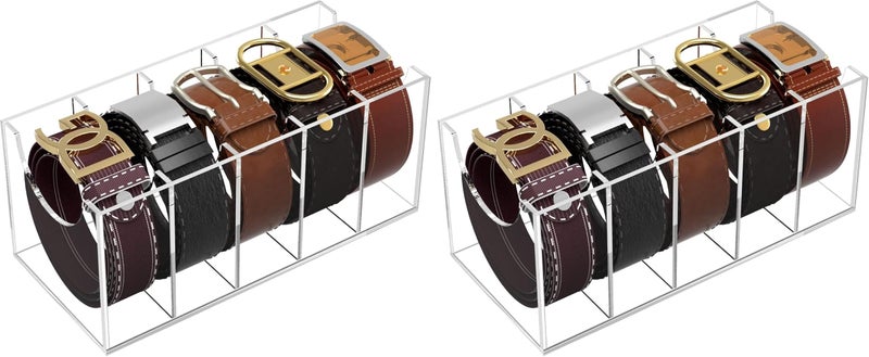 NIUBEE Belt Organizer, Acrylic Belt Storage Holder for The Closet, 5 Compartments Display Case for Tie and Bow Tie (Pack of 2)