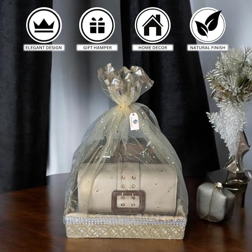 SANWALSA (Medium, 10x10x2 inch, Square, Beige-Stone Lace) MDF Base Designer Gift Hamper Packaging Baskets with Net Cover, Gift Hamper Organiser Perfect for Any Occasion - Image 4