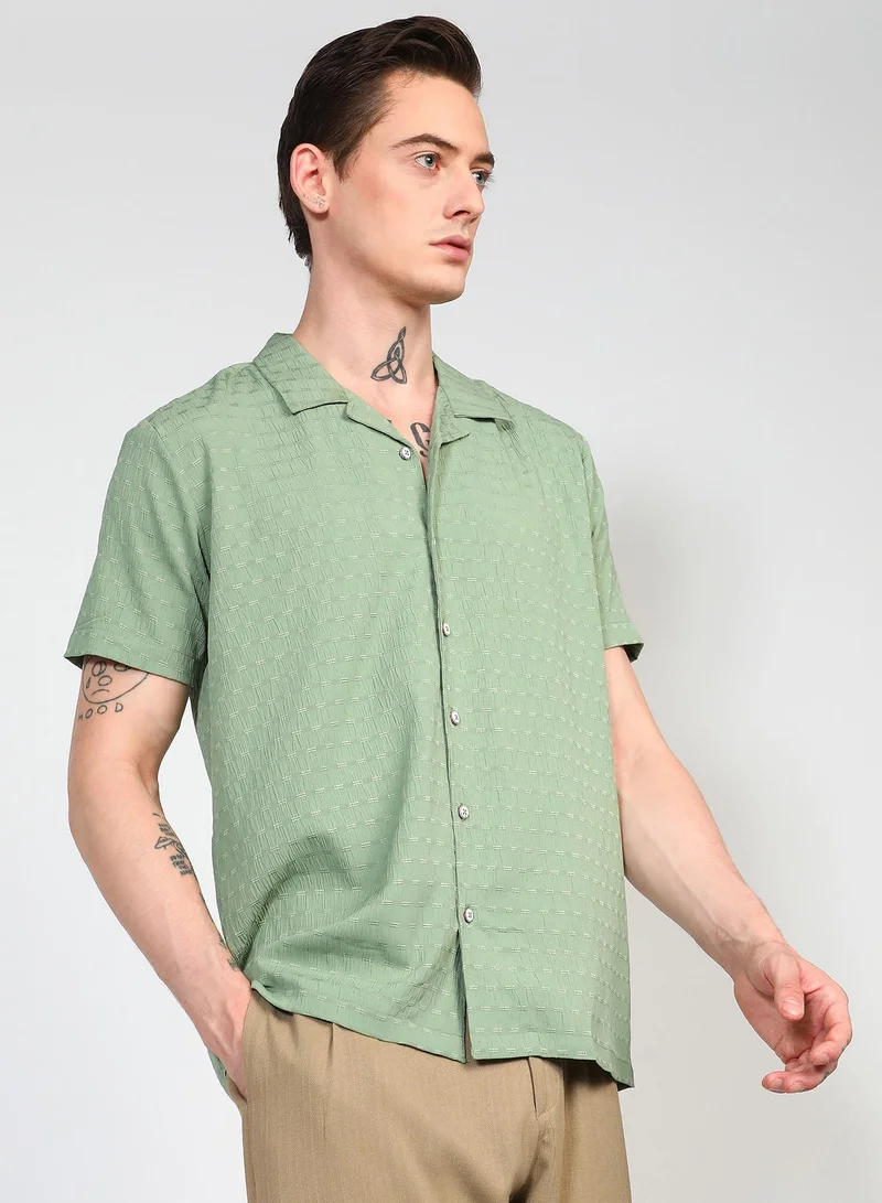 Campus Sutra Men's Pistachio Green Embroidered Creased Shirt