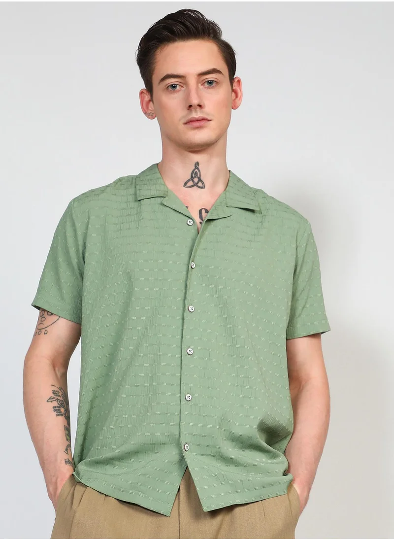 Campus Sutra Men's Pistachio Green Embroidered Creased Shirt