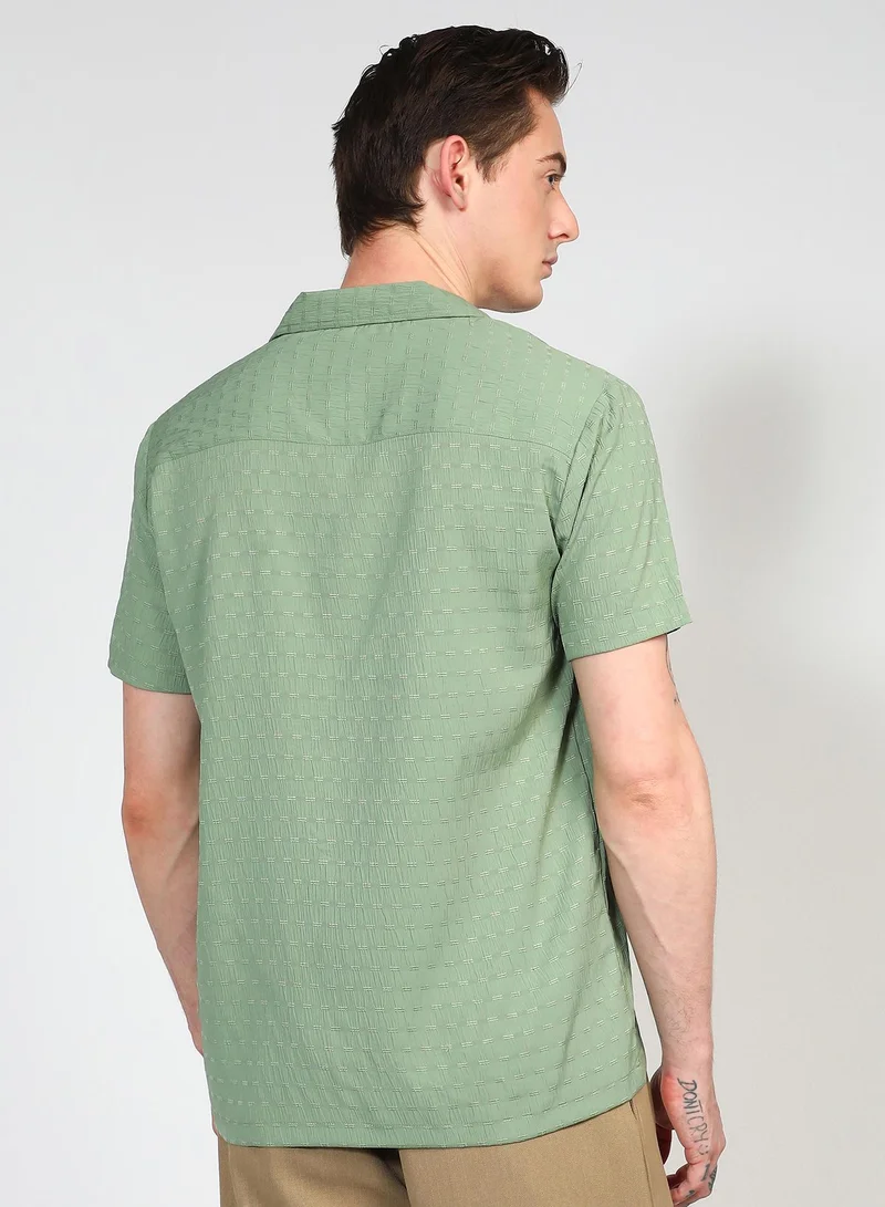 Campus Sutra Men's Pistachio Green Embroidered Creased Shirt
