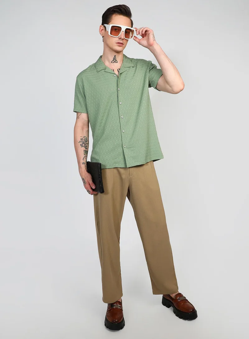 Campus Sutra Men's Pistachio Green Embroidered Creased Shirt