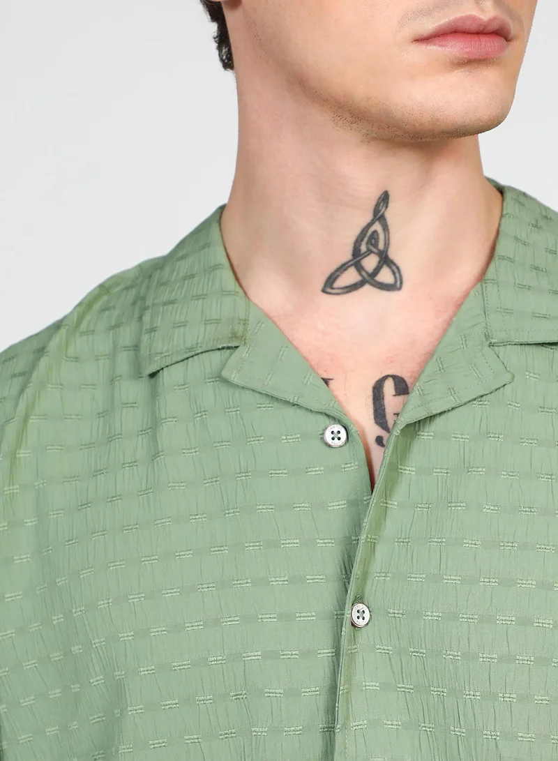 Campus Sutra Men's Pistachio Green Embroidered Creased Shirt