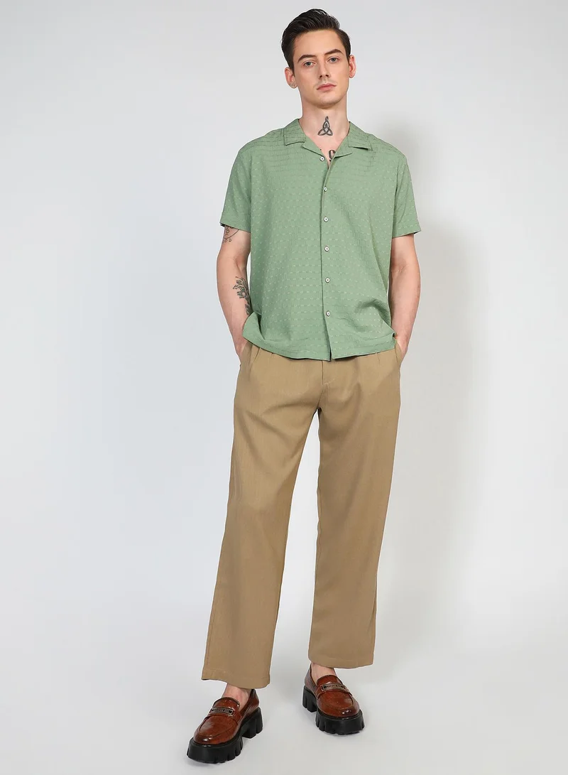 Campus Sutra Men's Pistachio Green Embroidered Creased Shirt