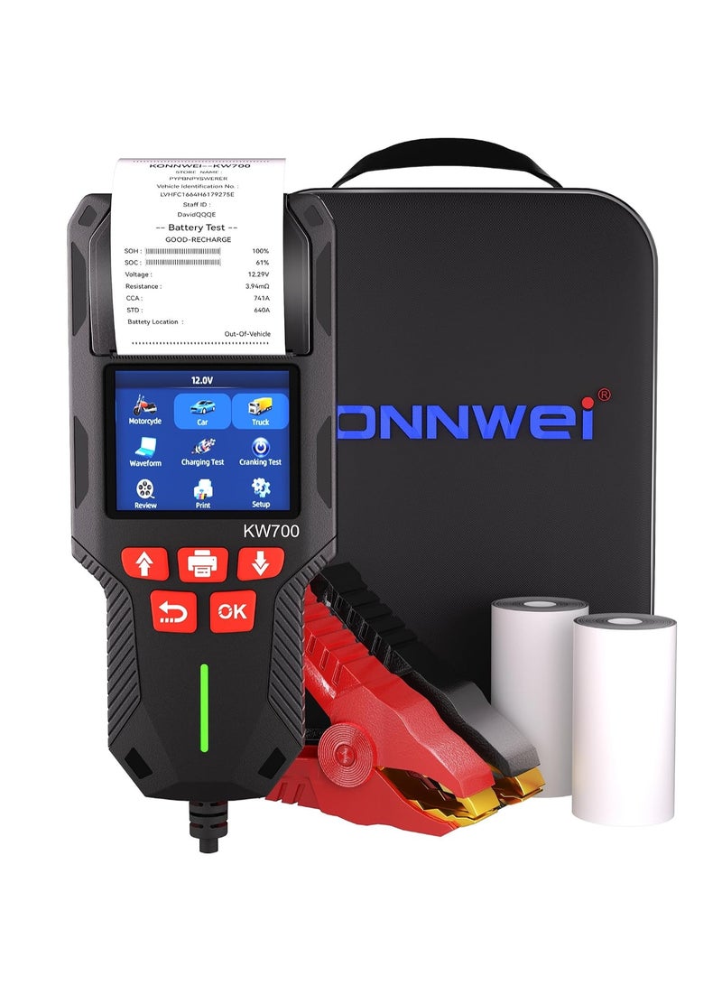 Konnwei KW700 Car Battery Tester with Printer 12V/24V Battery, Load Tester 10-2000CCA Automotive Battery Tester with Cranking Charging Test/Waveform for Cars Trucks Motorcycles with Storagebag & Paper - Image 1