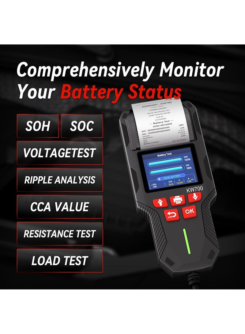 Konnwei KW700 Car Battery Tester with Printer 12V/24V Battery, Load Tester 10-2000CCA Automotive Battery Tester with Cranking Charging Test/Waveform for Cars Trucks Motorcycles with Storagebag & Paper - Image 3