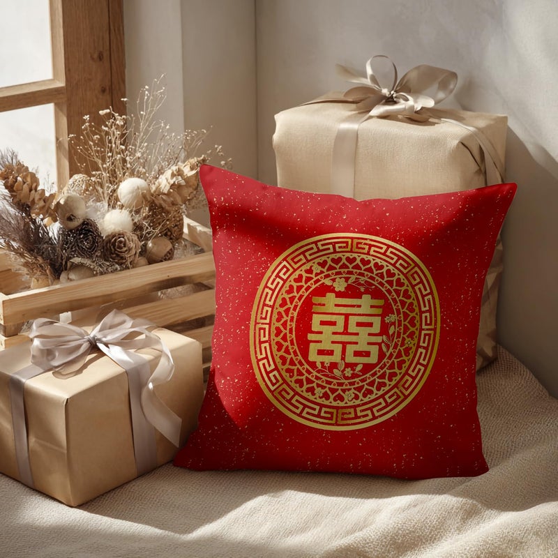 Batmerry Red Round Love Hearts Decorative Pillow Covers, White Double Happiness Pattern Chinese Wedding Double Sided Throw Pillow Covers Sofa Cushion Cover Square 18 x 18 Inches(Set of 2) - Image 2