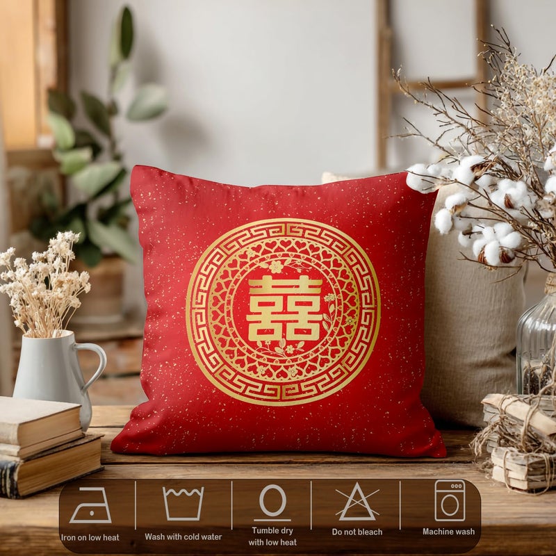 Batmerry Red Round Love Hearts Decorative Pillow Covers, White Double Happiness Pattern Chinese Wedding Double Sided Throw Pillow Covers Sofa Cushion Cover Square 18 x 18 Inches(Set of 2) - Image 3