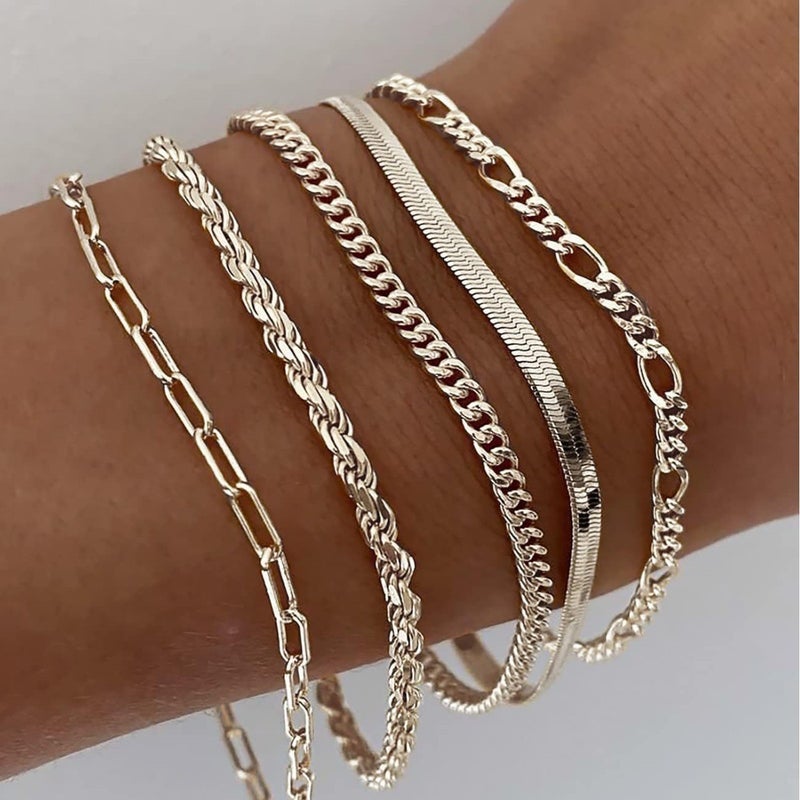 5-Piece Metal Chain Bracelet Set - Minimalist Layered Geometric Bracelets for Men and Women