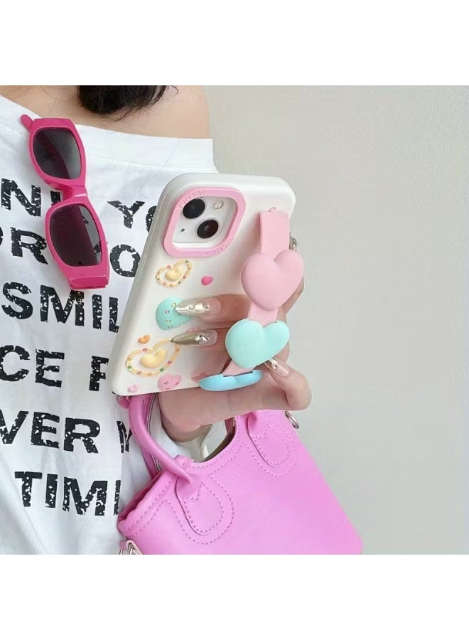 Temu Luxury light dopamine heart design phone case, high quality, Japanese cream style, elegant protective, with hand strap for easy carrying, shockproof and scratch-resistant, compatible with iPhone 14 Plus - Image 2