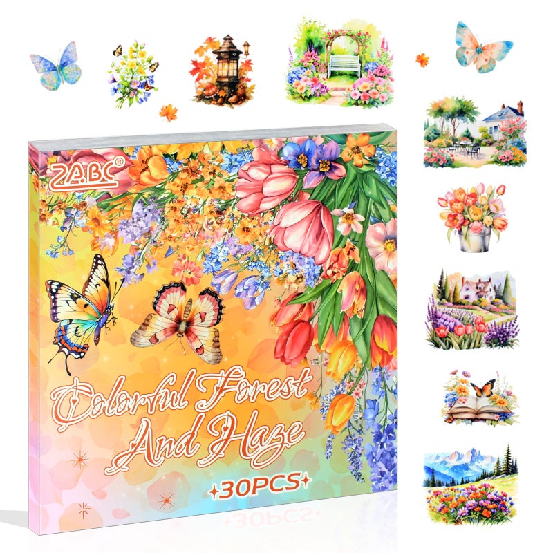 Dwpetzo 30 Sheets Precut Colorful Garden Landscape Stickers Book for Junk Journal Supplies, Transparent PET Stickers for Journaling, Scrapbooking, Bujo, Collage, Card Making - Image 1