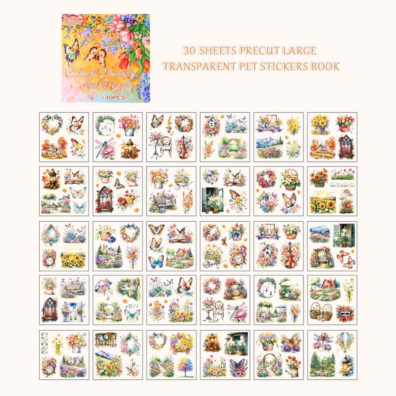 Dwpetzo 30 Sheets Precut Colorful Garden Landscape Stickers Book for Junk Journal Supplies, Transparent PET Stickers for Journaling, Scrapbooking, Bujo, Collage, Card Making - Image 2