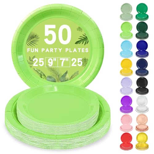 LANLISA 50 Pcs Lime Green Paper Plates Disposable, 25-9" & 25-7" Disposable Birthday Cake Dessert Plates For Halloween, Summerween, Christmas Holiday Party Supplies - Image 1