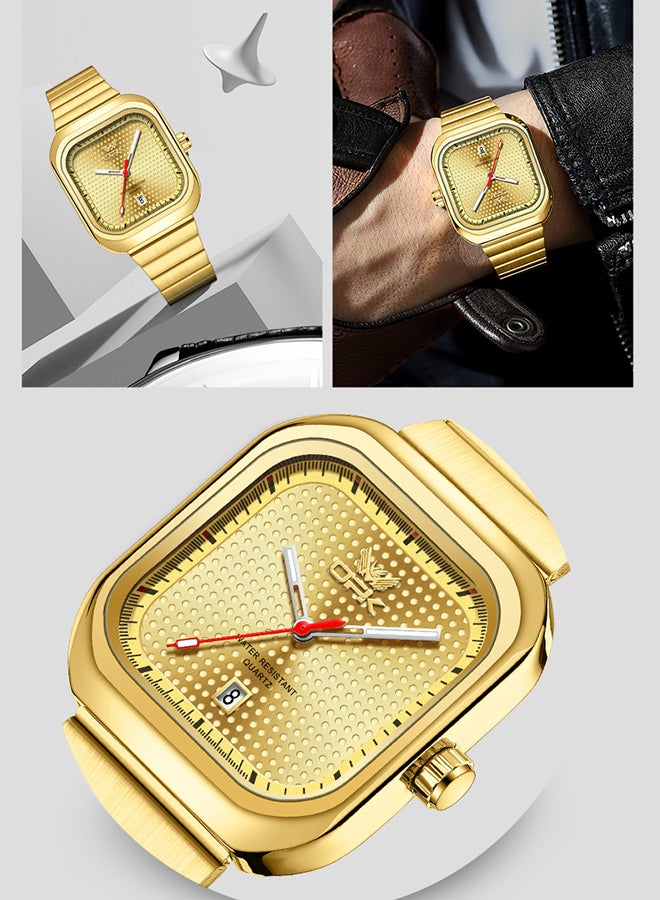 Opk Stylish Square Steel Strap Men'S Watch, Luminous And Waterproof, Single Calendar Quartz Watch, 6041 Steel Strap, All-Gold. - Image 5