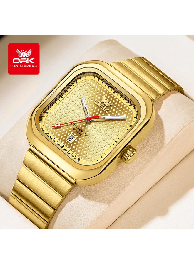 Opk Stylish Square Steel Strap Men'S Watch, Luminous And Waterproof, Single Calendar Quartz Watch, 6041 Steel Strap, All-Gold. - Image 1