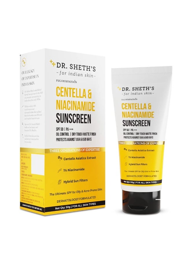 Dr Sheth's واقي شمس د. شيث مع سنتيلا ونياسيناميد SPF 50 PA+++ | للبشرة الدهنية والمعرضة لحب الشباب | مقاوم للعرق وماء | لمسة جافة غير لامعة | يتحكم في الزيوت الزائدة | يحمي من أشعة UVA وUVB | للرجال والنساء | 50 جرام - Image 1