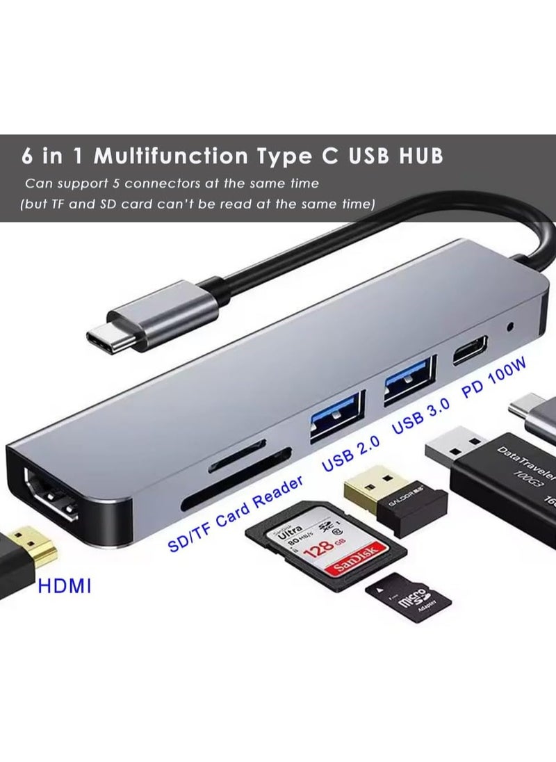 فلوينغ - موزع USB C 6 في 1 مع شحن PD 100 وات، محول من النوع C إلى HDMI 4K 30 هرتز، منافذ نقل بيانات USB Hub 3.0 بسرعة 5 جيجابت في الثانية، متوافق مع MacBook Pro/ iPad Pro/Air، HP، Dell، ASUS، Lenovo، إلخ - Image 1