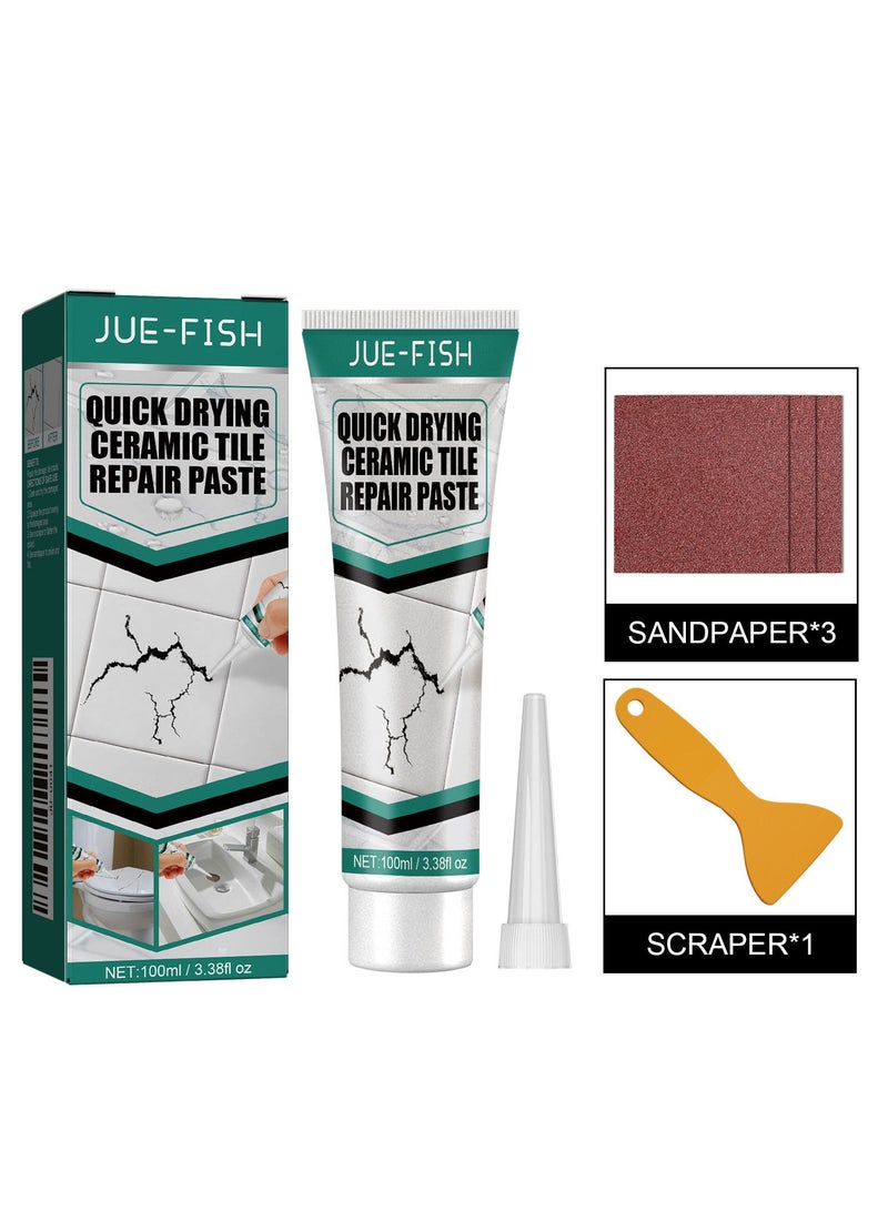 JUE-FISH Ceramic Tile Repair Paste Quick Drying Waterproof Toilet Tub Repair Kit with 3 Sandpaper & 1Scraper, Bathtub Marble Furniture Toilet Crack Repair Tile Quick-Drying Adhesive to Renew, Repair & Refresh - Image 1