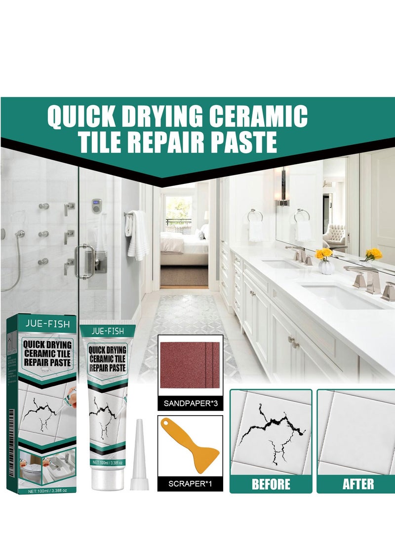 JUE-FISH Ceramic Tile Repair Paste Quick Drying Waterproof Toilet Tub Repair Kit with 3 Sandpaper & 1Scraper, Bathtub Marble Furniture Toilet Crack Repair Tile Quick-Drying Adhesive to Renew, Repair & Refresh - Image 2