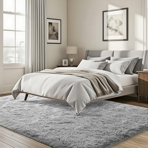 ISEAU Fluffy Dorm, College, Apartment, Bedroom Rug, 4 x 6 Feet Shaggy Area Rugs Floor Mat for Living Room Fuzzy Carpet Comfy Nursery Mats Bedside Kids Boys Room Home Decor, Grey - Image 3