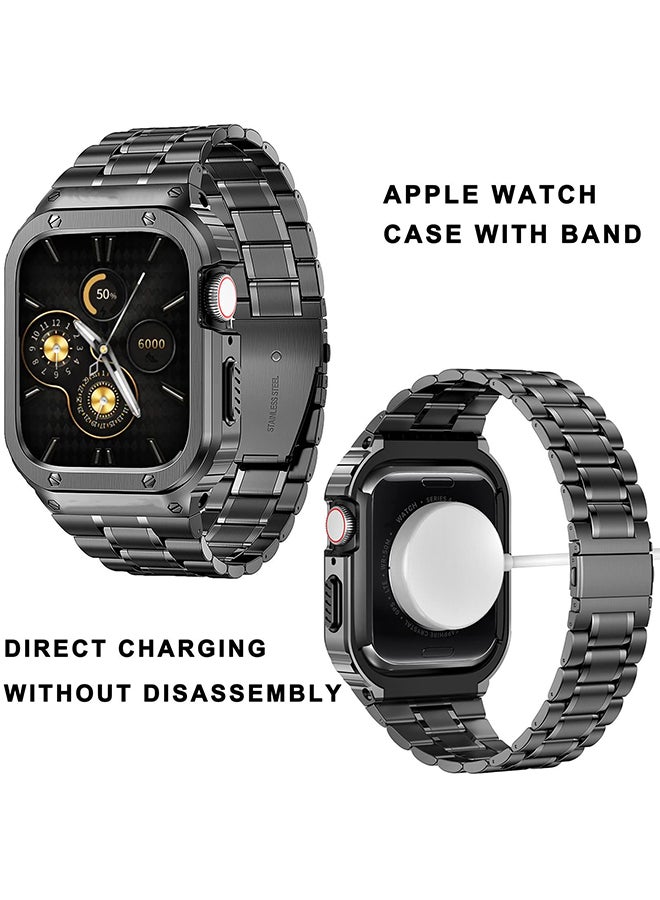 O Ozone Stainless Steel Watch Band with Case For Apple Watch Series 9/8/7 (45mm) Metal Strap and Rugged Protective Bumper Cover for Men - Black  - Image 4