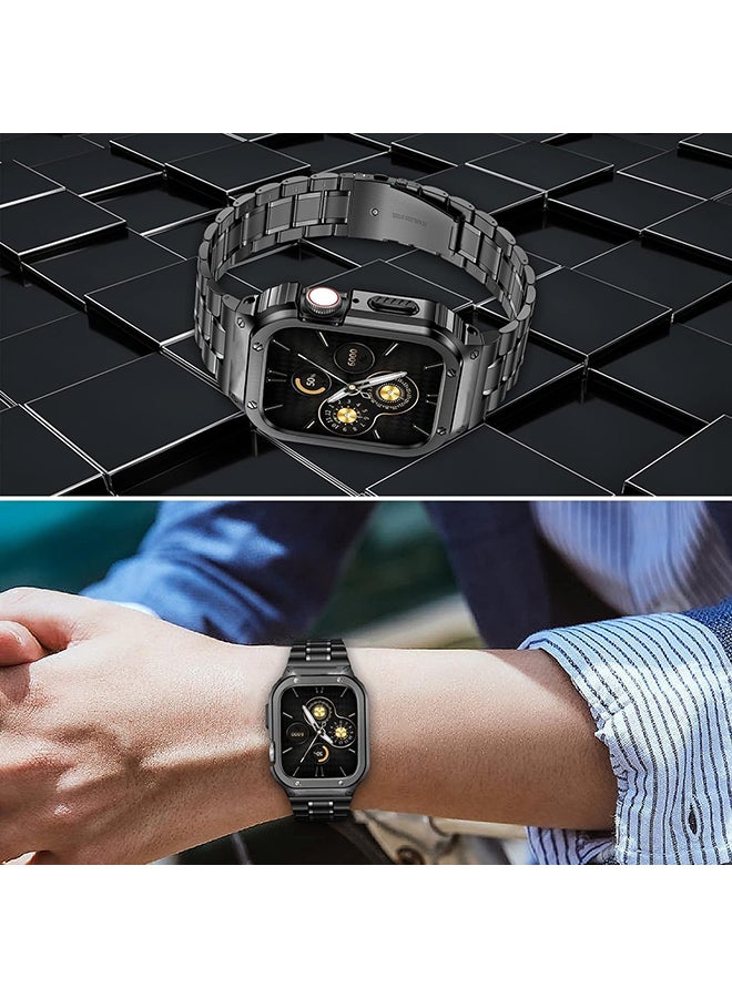 O Ozone Stainless Steel Watch Band with Case For Apple Watch Series 9/8/7 (45mm) Metal Strap and Rugged Protective Bumper Cover for Men - Black  - Image 5
