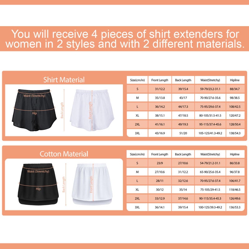 Boyiee 4Pcs Shirt Extender for Women Adjustable Layering Fake Lower Sweep Shirt Undershirt Half Length Hemline(XL) White, Black - Image 2