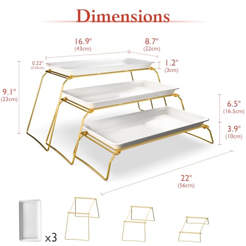 Bumusty Extra Large 3-Tier Melamine Serving Tray Set and Cupcake Stand for Party Events, 17" Platters with Tiered Stand, Holds 63 Cupcakes, Food, Dessert, and Fruit, 24K Gold-Plated - Image 3