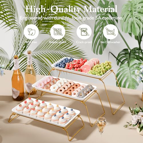 Bumusty Extra Large 3-Tier Melamine Serving Tray Set and Cupcake Stand for Party Events, 17" Platters with Tiered Stand, Holds 63 Cupcakes, Food, Dessert, and Fruit, 24K Gold-Plated - Image 2