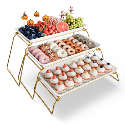 Bumusty Extra Large 3-Tier Melamine Serving Tray Set and Cupcake Stand for Party Events, 17" Platters with Tiered Stand, Holds 63 Cupcakes, Food, Dessert, and Fruit, 24K Gold-Plated - Image 1