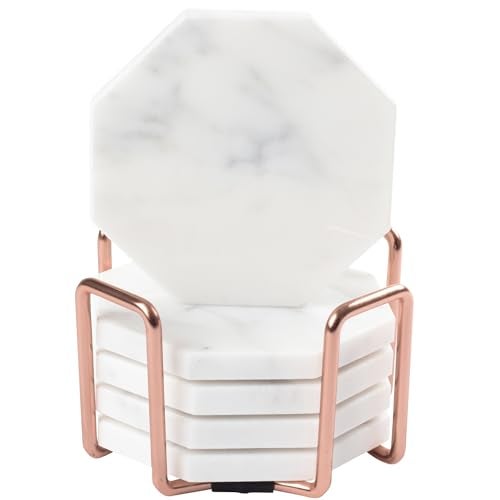 DECO White Carrara Marble Coasters & Rose Gold Coaster Holder (Set of 5)- Durable, Thick Coasters - Protects Any Table Type & Fits Any Coffee Mug, Drinking Glass, Barware- Great Housewarming & Wedding Gift - Image 1