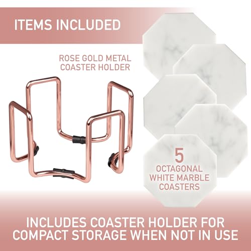 DECO White Carrara Marble Coasters & Rose Gold Coaster Holder (Set of 5)- Durable, Thick Coasters - Protects Any Table Type & Fits Any Coffee Mug, Drinking Glass, Barware- Great Housewarming & Wedding Gift - Image 2