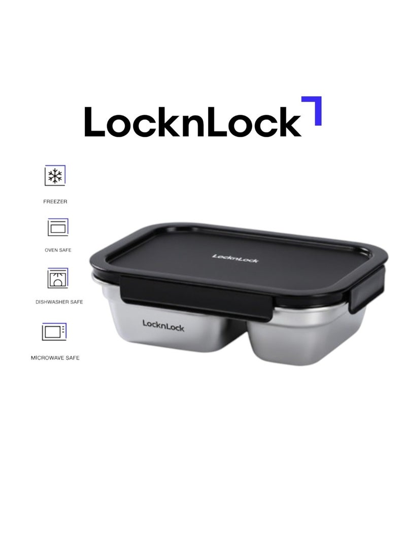 LocknLock Stainless Steel Stackable Divided Food Container Rectangle 1L – Four-Side Locking Lid, Durable & Leakproof, Oven & Freezer Safe - Image 1