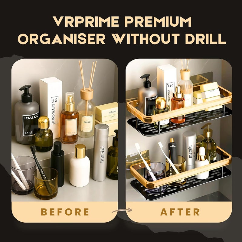VRPRIME Carbon Steel 2PCS Bathroom Organiser Without Drill | Self Adhesive Shelves Shelf Rack Washroom Storage Organiser Without Drill Stand Racks Bathroom Shelf Shelves (Pack of 2, Gold Black) - Image 2