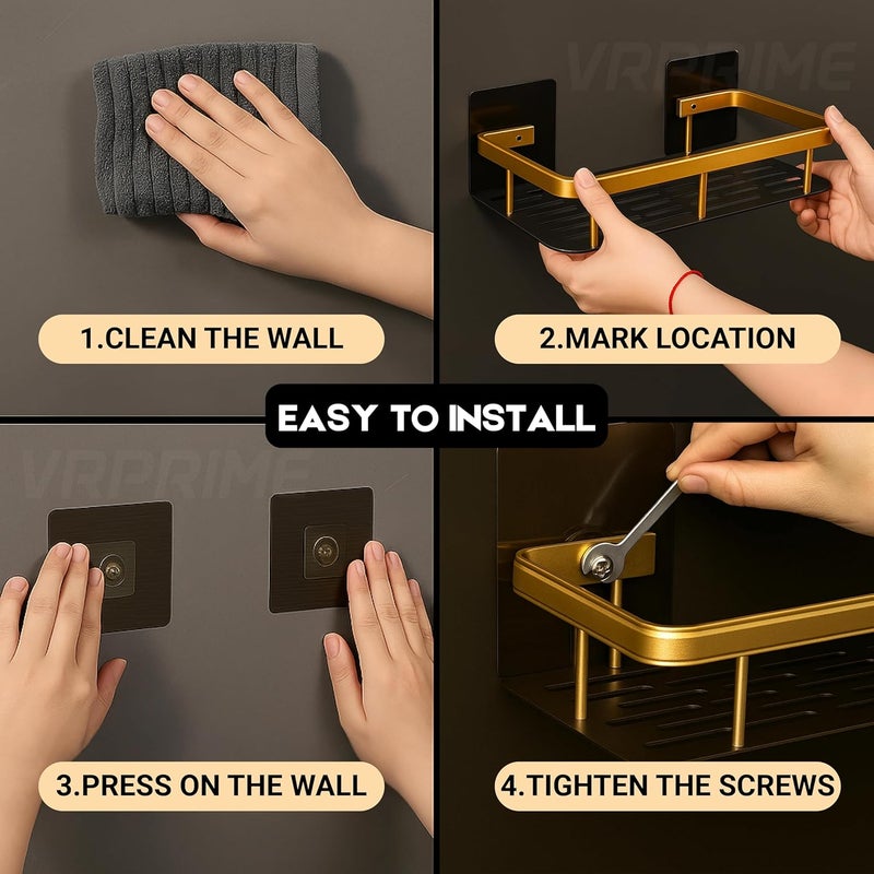 VRPRIME Carbon Steel 2PCS Bathroom Organiser Without Drill | Self Adhesive Shelves Shelf Rack Washroom Storage Organiser Without Drill Stand Racks Bathroom Shelf Shelves (Pack of 2, Gold Black) - Image 4