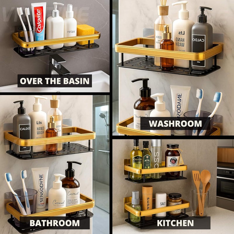 VRPRIME Carbon Steel 2PCS Bathroom Organiser Without Drill | Self Adhesive Shelves Shelf Rack Washroom Storage Organiser Without Drill Stand Racks Bathroom Shelf Shelves (Pack of 2, Gold Black) - Image 3