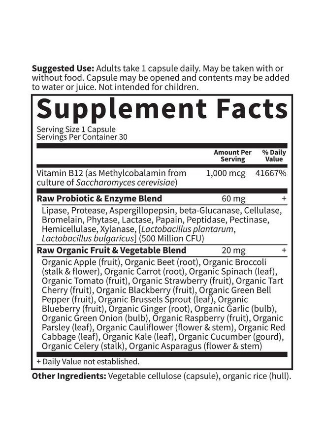 Garden of Life - B12 Vitamin Code Raw B1230 Capsules 1000Mcg Whole Food B12 Methylcobalamin For Energy Vegan Methylcobalamin B12 Vitamin Plus Probiotics & Enzymes Gluten Free Supplements - Image 1