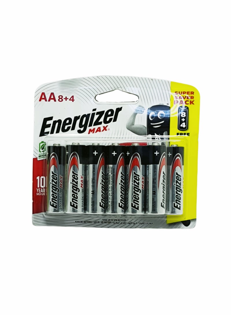 إنرجايزر مجموعة بطاريات قلوية Max AA، 12 قطعة (8+4 مجانية) - طاقة تدوم طويلاً | مدة صلاحية تصل إلى 10 سنوات - Image 1
