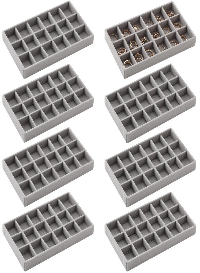 Highergo 8 Pcs Small Velvet Jewelry Trays Stackable Drawers Organizer Ring Earring Storage Trays, 8.3x4.7x1''(Gray,18 Grids) - Image 1