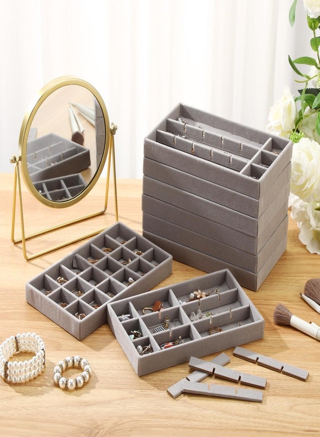 Highergo 8 Pcs Small Velvet Jewelry Trays Stackable Drawers Organizer Ring Earring Storage Trays, 8.3x4.7x1''(Gray,18 Grids) - Image 3