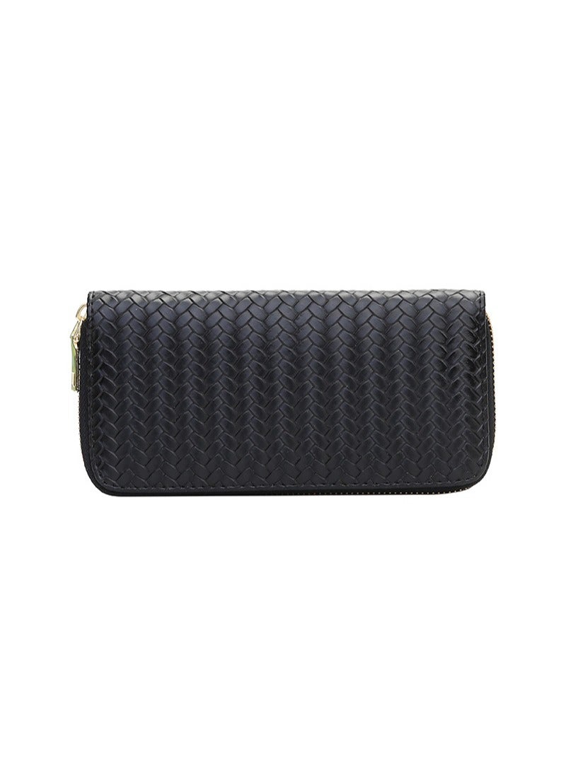 Fashionable PU leather woven wallet  zero wallet new trendy women's wallet  medium to long zipper handbag Black. - Image 1