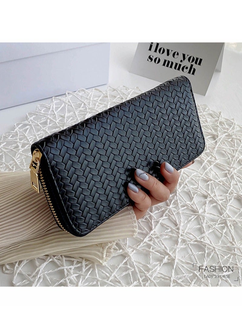 Fashionable PU leather woven wallet  zero wallet new trendy women's wallet  medium to long zipper handbag Black. - Image 3