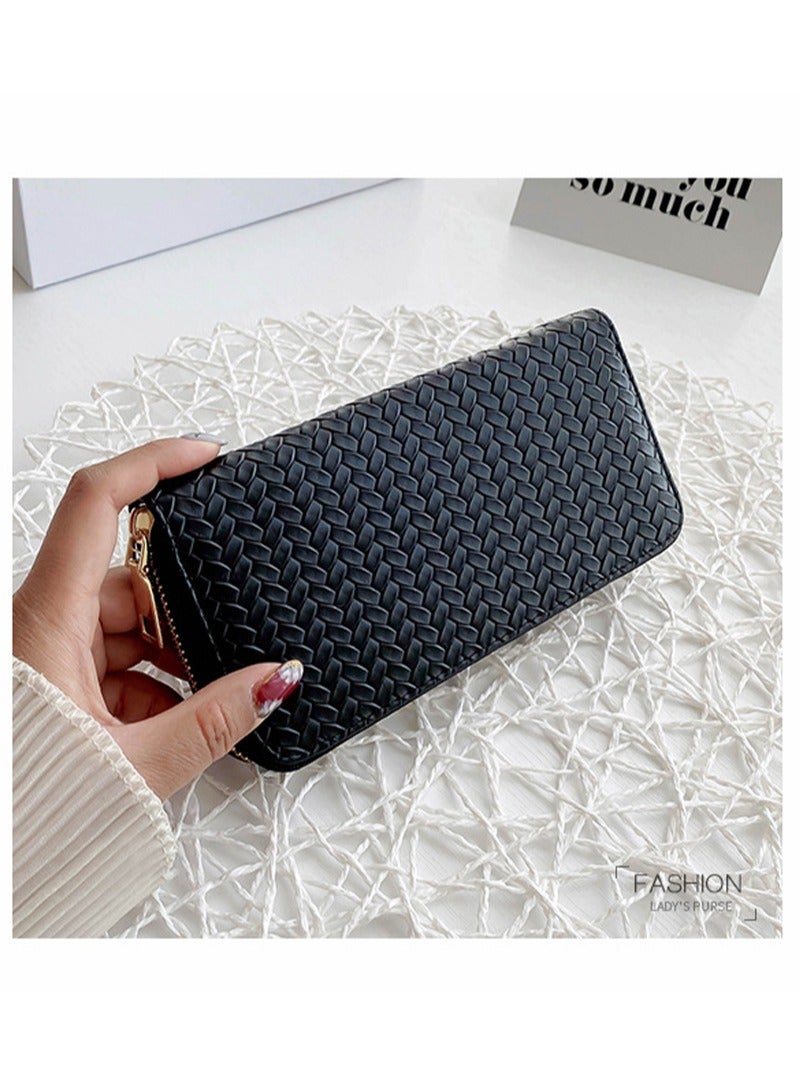 Fashionable PU leather woven wallet  zero wallet new trendy women's wallet  medium to long zipper handbag Black. - Image 5