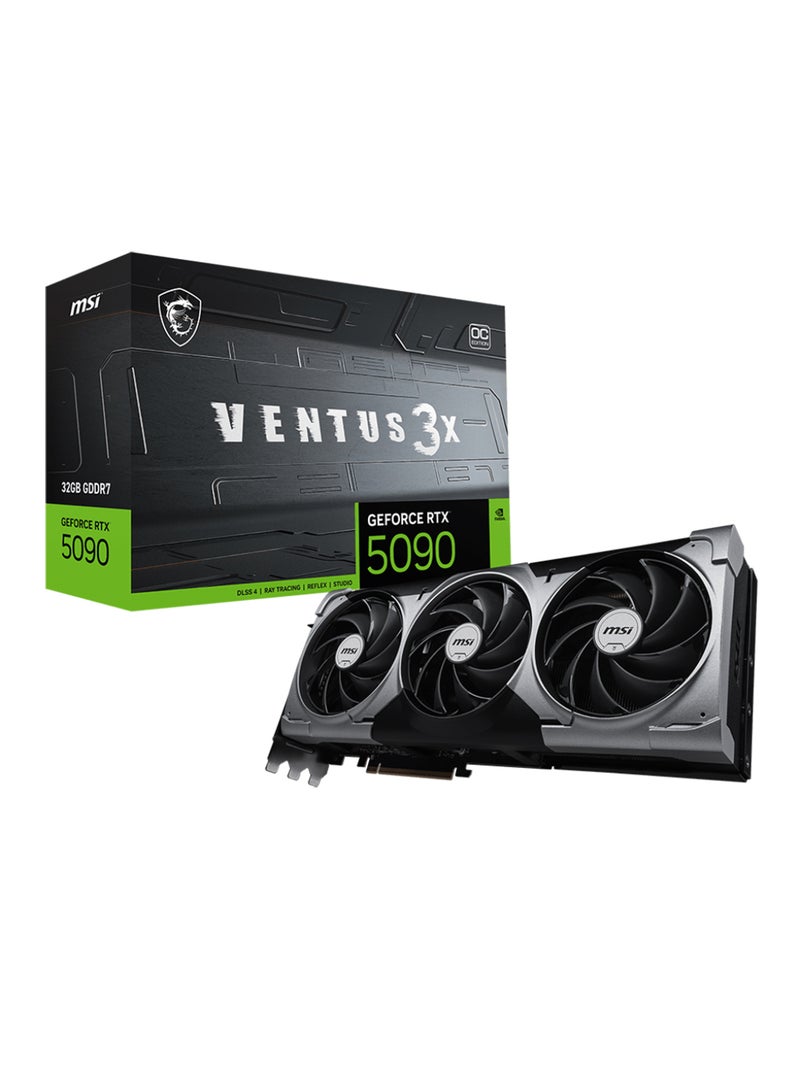 إم اس أي GeForce RTX™ 5090 32G VENTUS 3X - G5090-32GT، معمارية NVIDIA Blackwell، 21760 نواة CUDA، 32GB GDDR7 (512-بت، 28 جيجابت في الثانية)، PCIe 5.0، تردد أساسي 2017 ميغاهرتز، تردد معزز 2452 ميغاهرتز، HDMI 2.1b، DisplayPort 2.1b، 575W TDP، موصل طاقة 16-pin، DirectX 12 Ultimate، OpenGL 4.6، يدعم 4 شاشات، تقنية G-SYNC رمادي - Image 1