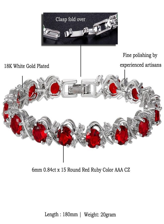 RIZILIA BLOSSOM Round Simulated Red Ruby and White Cubic Zirconia 18K White Gold Plated Tennis Bracelet, 7" - Image 2