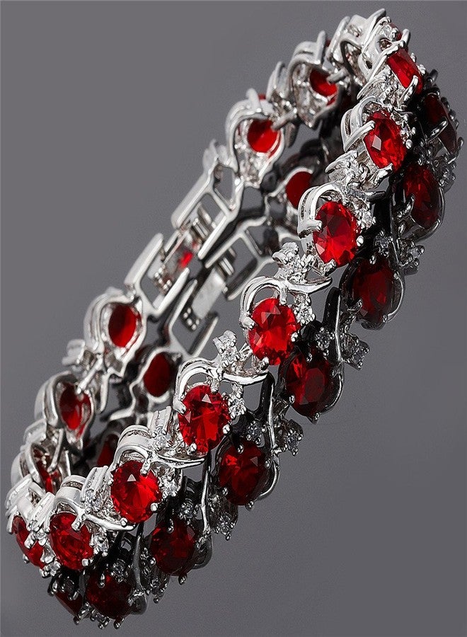 RIZILIA BLOSSOM Round Simulated Red Ruby and White Cubic Zirconia 18K White Gold Plated Tennis Bracelet, 7" - Image 3