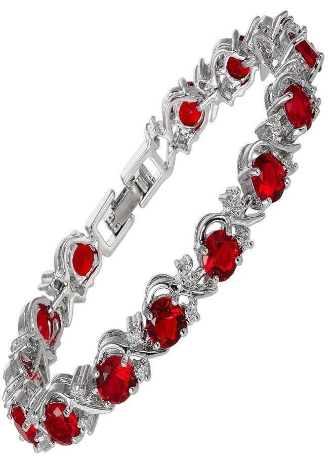 RIZILIA BLOSSOM Round Simulated Red Ruby and White Cubic Zirconia 18K White Gold Plated Tennis Bracelet, 7" - Image 1