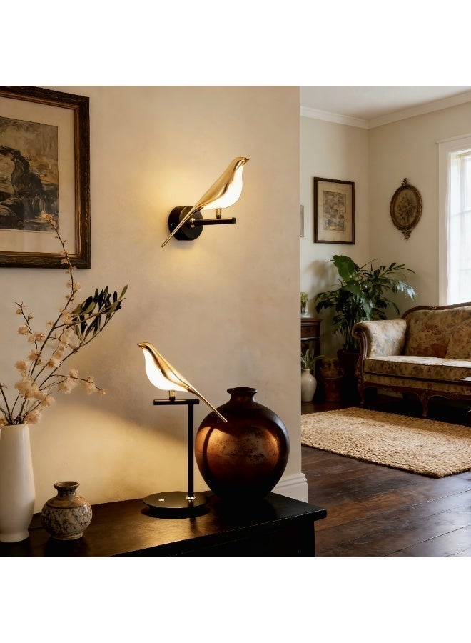 2 Piece Bird Lamp Set, Magpie LED Table Lamp and Gold Bird Wall Light for Bedroom Bedside Living Room - Image 2