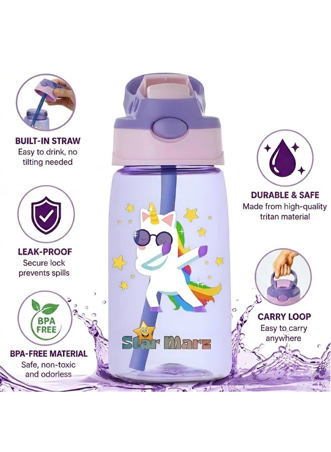 Starmarz Kids Sipper Water Bottle – Anti-Leak Cartoon Design for Girls – 480 ML – Purple - Image 5
