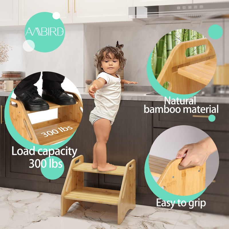 AMBIRD Wooden Step Stool, Two Step Stools Toddler 300 lbs Capacity with Safety Non-Slip Pads and Handles, Bamboo Step Stool for Bathroom, Kitchen Dual Height Step Stools for Kids (Natural) - Image 2